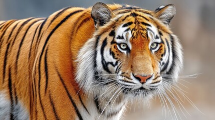 Naklejka premium Majestic tiger with striking orange and black stripes observes its surroundings on a white background