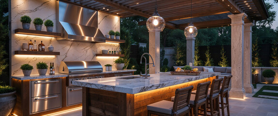 Luxurious outdoor kitchen with illuminated countertop and marble backsplash featuring decorative details