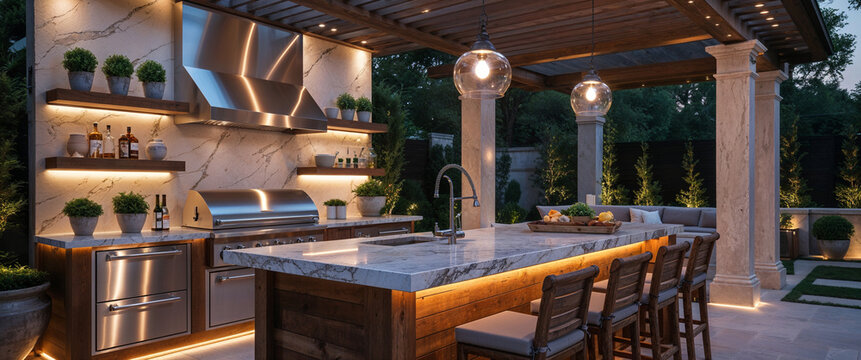 Luxurious outdoor kitchen with illuminated countertop and marble backsplash featuring decorative details