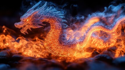 Fototapeta premium Fiery dragon emerging from flames, smoke swirling around its translucent body.