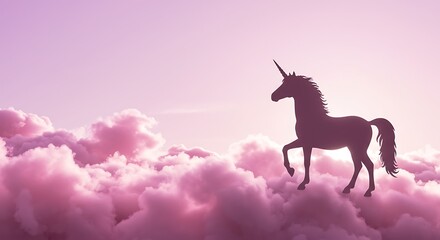 Naklejka premium silhouette of a whimsical unicorn prompt: pink clouds in the sky stage fluffy cotton candy dream fantasy soft background, unicorn silhouette on the right with clear copy space on the left