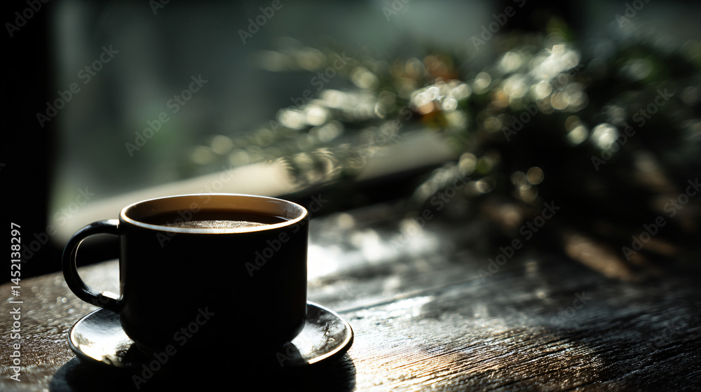 Poster a cup of coffee resting on a tabular array awaiting the first sip