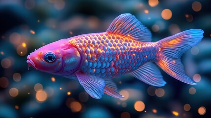 Fototapeta premium Vibrant pink and orange Koi fish swimming in dark blue water with bokeh lights.