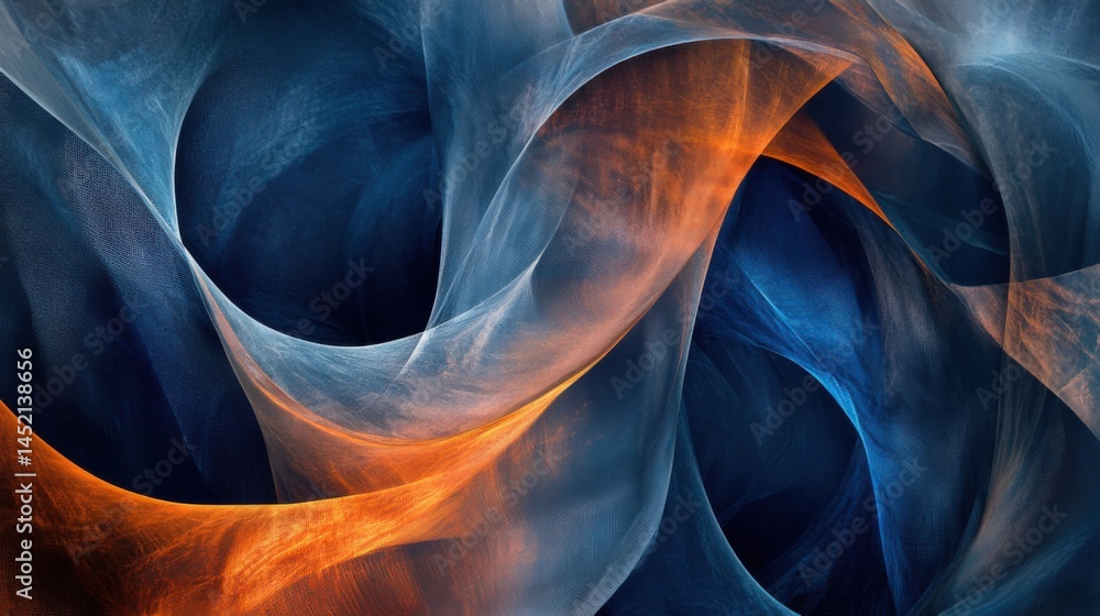Poster abstract swirling patterns in blue and orange hues create a dynamic visual experience in a serene ba