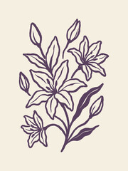 Lily bouquet flower naive hand sketch purple vertical