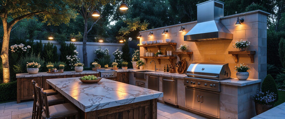 Luxurious outdoor kitchen with marble countertop and stainless steel appliances at dusk