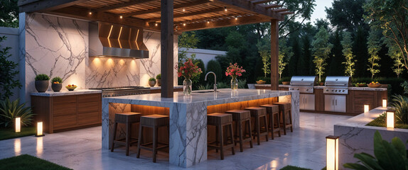 Luxurious outdoor kitchen with marble countertop and stainless steel grill at dusk