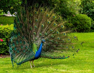 Obraz premium Full HD photo of a dancing peacock, showing off its colorful feathers amidst a lush green garden, natural light