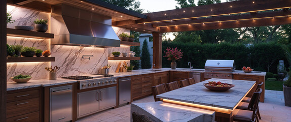 Luxurious outdoor kitchen with marble countertops and modern appliances at twilight