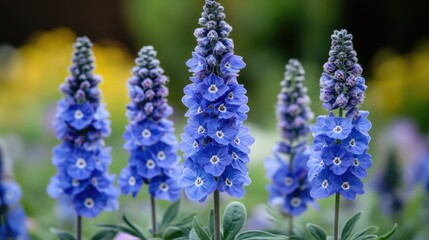 Beautiful blue flowers in a serene garden setting with a vibrant background of greenery