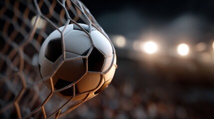 The soccer ball nestles in the net after a successful goal during an intense match. Bright stadium lights illuminate the background as players celebrate their victory, creating a thrilling atmosphere
