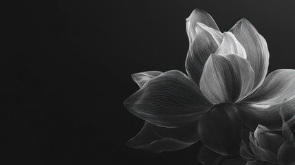 A close-up, monochromatic image showcases a delicate, blooming flower with light petals against a dark background