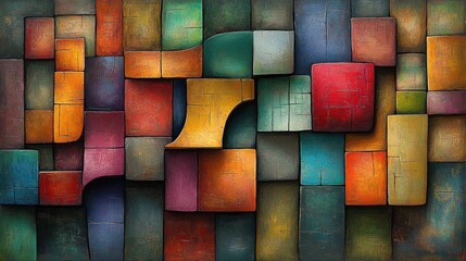 Fototapeta premium Abstract colorful geometric mosaic artwork with textured, 3D blocks.