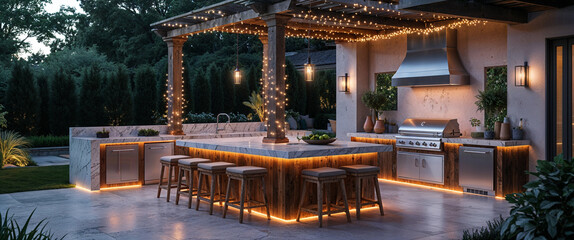 Luxurious outdoor kitchen with string lights and modern appliances at dusk
