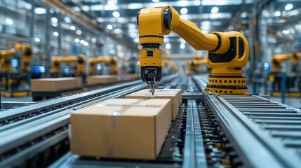 Fototapeta premium Automated production line with industrial robotic arm handling packages in modern warehouse setting