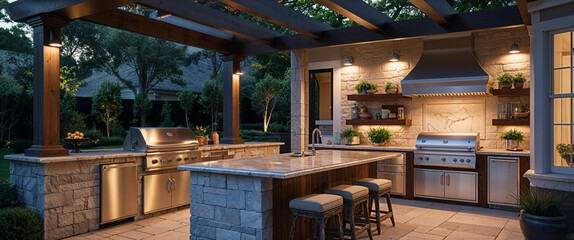Luxury outdoor kitchen design with stone accents and stainless steel appliances at night