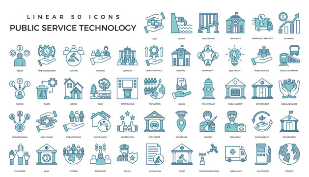 Vector set of thin linear 50 icons, related to public service technology for intelligent urbanism, smart city and urban development. Mono line pictograms and infographics design elements.by kus wandok