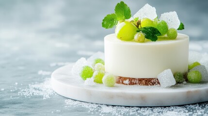 A lovely dessert featuring a simple green base complemented by plump grapes, showcasing a delightful balance of colors, textures, and exquisite flavors in an appealing presentation.