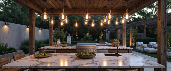 Outdoor kitchen oasis featuring stylish marble countertops and decorative hanging lights