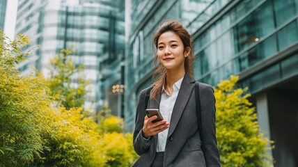 Fototapeta premium While strolling across the city, a young Asian businesswoman is conversing on her smartphone.