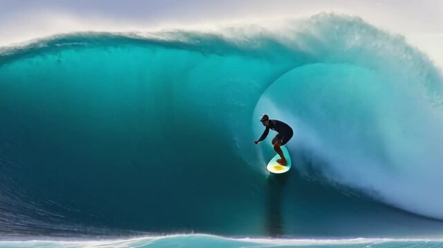 Professional surfer riding a big beautiful ocean wave at pipeline, oahu, hawaii