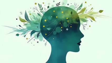 Womans Profile with Floral and Star Design Representing Mind and Creativity