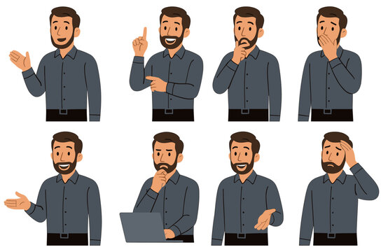 Illustrative business character displaying an array of different reactions and emotional states, professional appearance