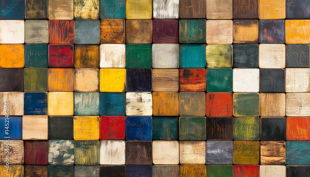 Poster colorful wooden square blocks arranged in a grid pattern.
