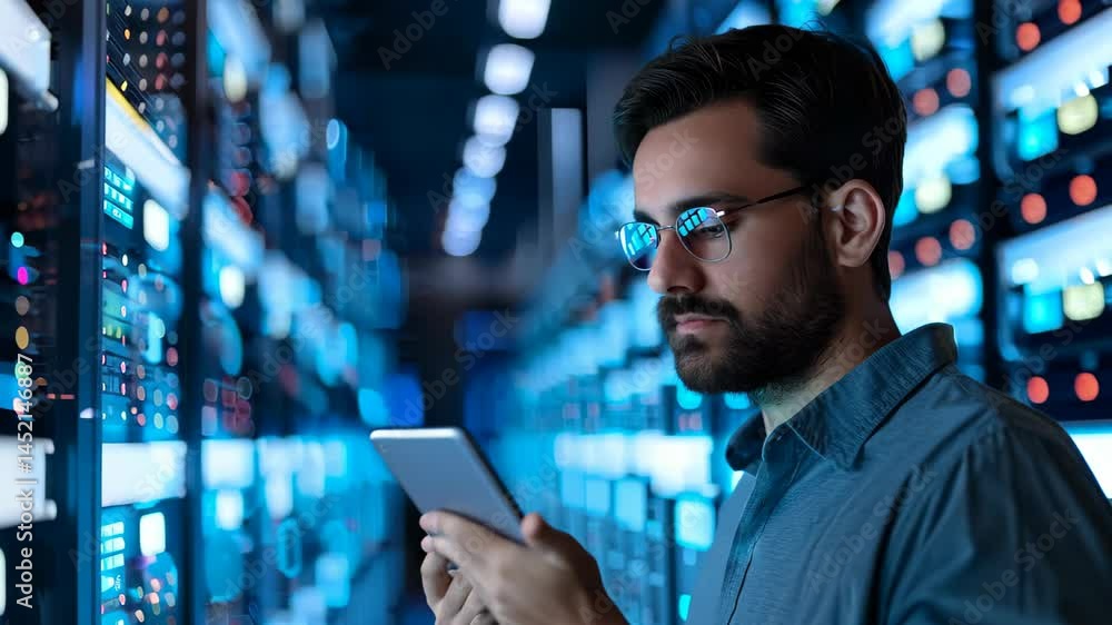 Poster a focused professional analyzing data in a modern server room filled with glowing screens. the setti