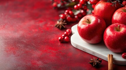 A vibrant display of fresh red apples rests on a marble surface, adorned beautifully with holiday decorations, creating a warm, festive atmosphere that evokes joy and celebration.