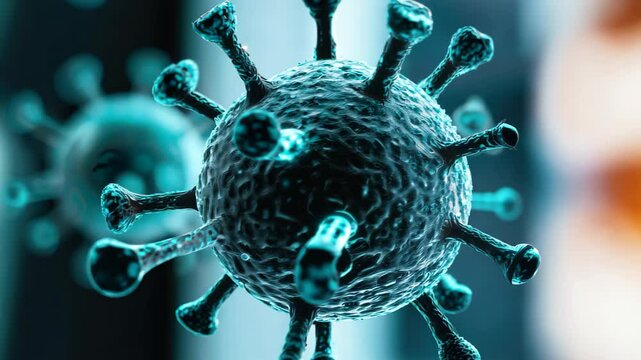 Close-up view of a virus cell structure set against a colorful background, illustrating the complexity of pathogens in a laboratory environment for scientific exploration.