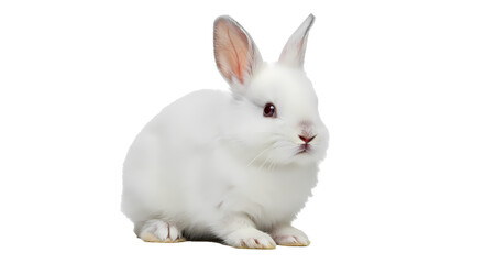 Obraz premium A serene portrait of a fluffy white rabbit with perked ears, set against a clean black backdrop, highlighting its delicate features.