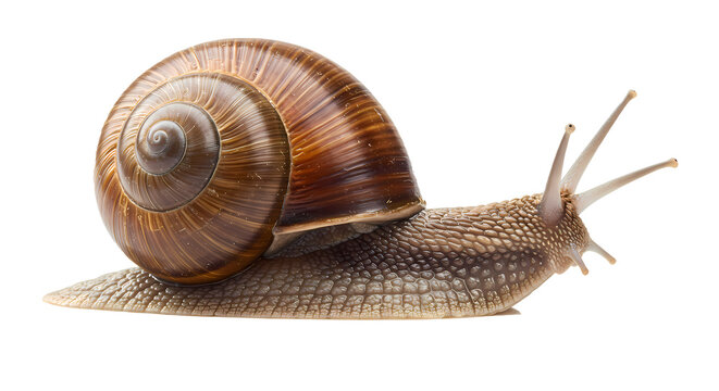 A detailed studio shot showcases a terrestrial pulmonate gastropod mollusk. The snail's shell and textured body are prominent features.