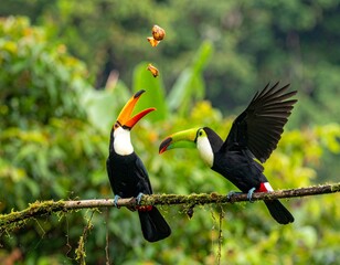 toucan bird throwing fruit in its beak in the air, tropical rainforest background with lush green plantstoucan bird throwing fruit in its beak in the air, tropical rainforest background with lush gree