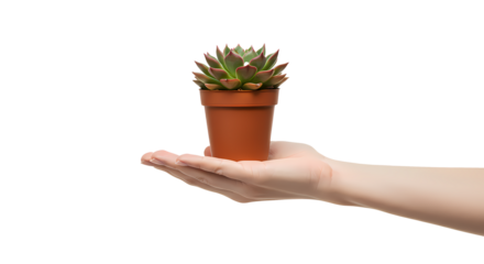 Hand holding a potted succulent with reddish-tinged leaves against a stark black background, emphasizing its small size and natural beauty.