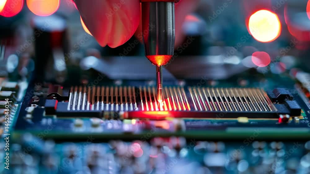 Poster a detailed view of a hand skillfully working on a circuit board, with red light illuminating the mic