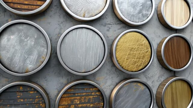 A captivating display featuring circular metal and wood textures in diverse colors, perfect for modern design and artistic backgrounds. Ideal for creative projects.