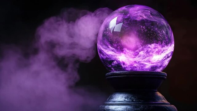 Mystical Purple Crystal Ball on Dark Stand with Purple Smoke Background Perfect for Occult Magic Fortune Teller Designs