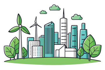 eco city with green buildings, wind energy, and nature, highlighting a futuristic, environmentally conscious urban landscape