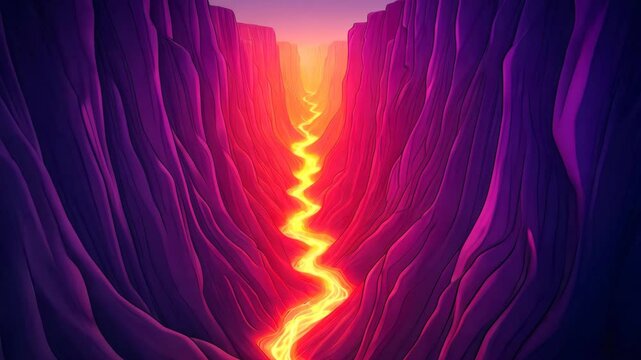 Vibrant canyon with glowing lava river at sunset.