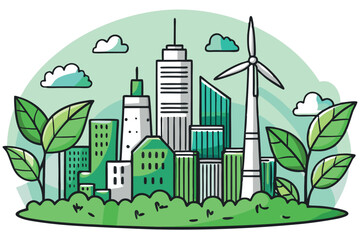 Obraz premium Sustainable city with wind turbines, green buildings, and urban greenery, illustrating an eco friendly approach to modern architecture