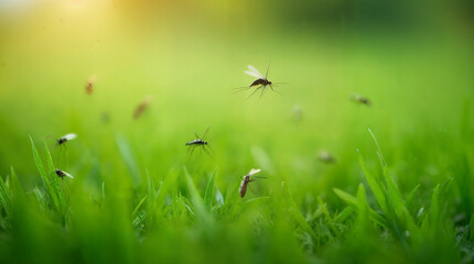 Many mosquitoes fly over green grass field