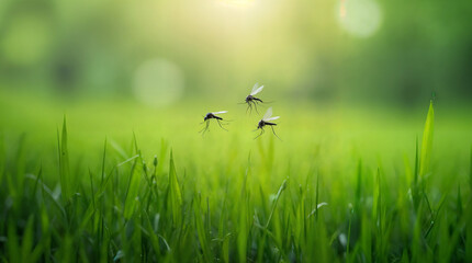 Many mosquitoes fly over green grass field