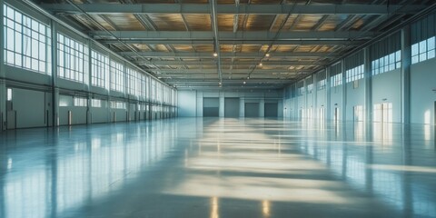Fototapeta premium Spacious industrial warehouse with polished concrete floor reflecting sunlight during midday