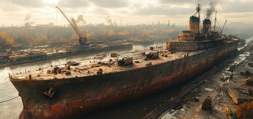 Rusting Relic: A Decaying Battleship in a Shipyard