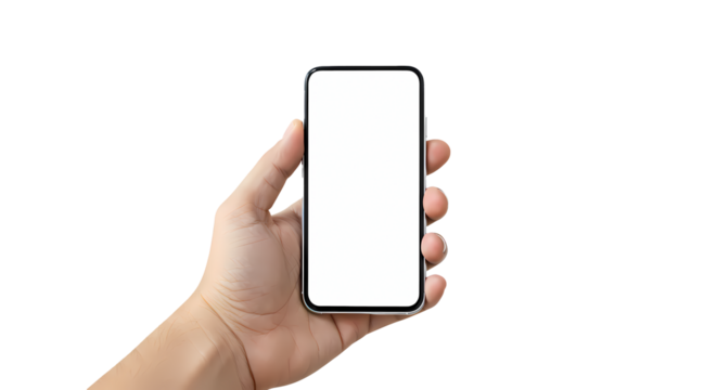 A hand holds a blank screen smartphone against a black background, perfect for showcasing apps, websites, or mobile content templates.