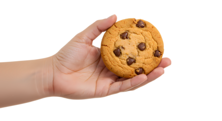 A warm, gooey chocolate chip cookie is held out, promising a sweet treat and simple pleasure. It's a symbol of comfort and home baking.