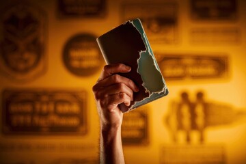 Serious global issue concept. A hand holds a damaged phone against a vibrant, blurred background.