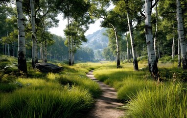 Obraz premium Verdant birch path to distant mountains