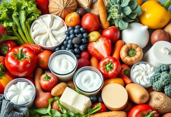 Variety of fresh fruits, vegetables, and dairy for healthy teeth and gums, healthy teeth, dairy